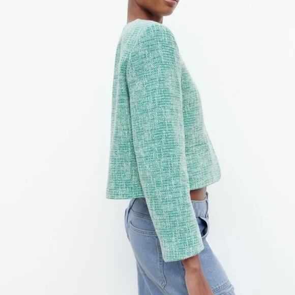 Zara Green Tweed Cropped Tailored Blazer Small Feminine Preppy Twee Classic - Picture 16 of 16
